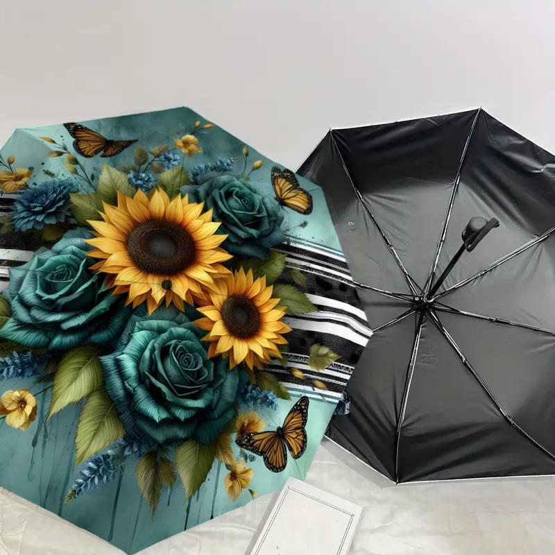 1pc Sunflower Bouquet with Butterflies Umbrella with Plastic Handle,Suitable for All Seasons Home Travel Outdoor UmbrellaDD1776