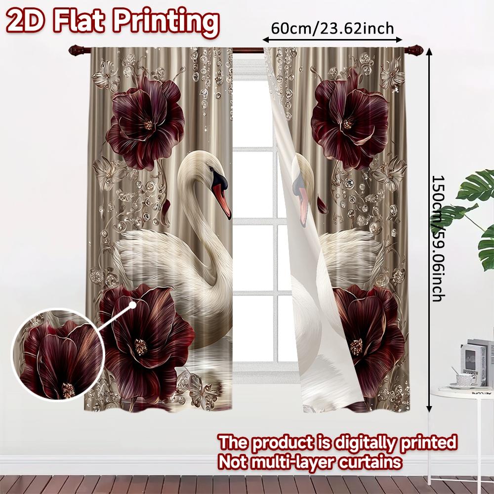 Set Of 2 Flat Printing Party Curtain Swans Roses Digital Printed Polyester Drapes Decorations Use Event Decoration