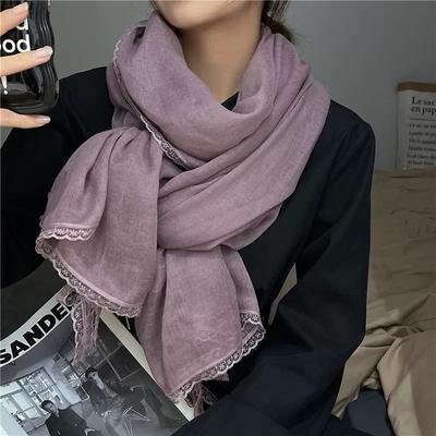 Nuevo Otoño e Invierno Encaje de Alta Gama Encaje Chal Literario Protección Solar Versátil Liso Pareja Algodón y Lino Bufanda
