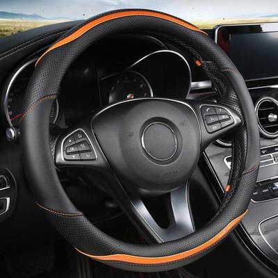 Ultra-Thin Breathable Leather Car Steering Wheel Cover, Universal for All Seasons, Contrast Color Design, Interior Handle Protection Cover.