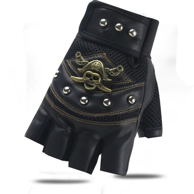One Piece Men's Pirate Skull Tactical Cycling Gloves, Half Finger Faux Leather for Outdoor Use