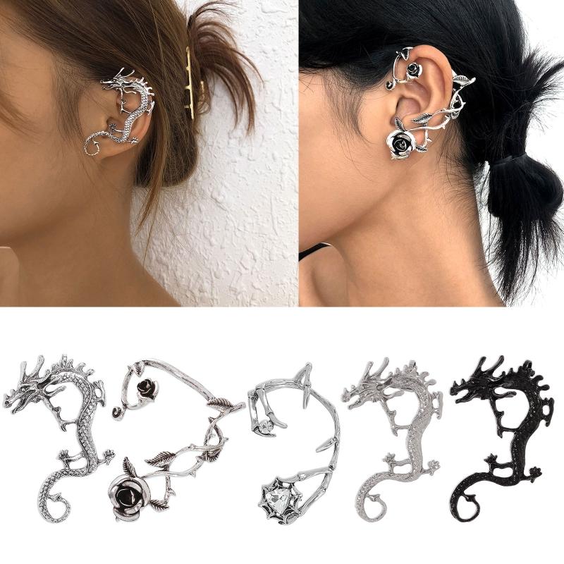 Pendientes estilo punk vintage con forma de dragón retro, aretes trepadores de orejas de rosa, aretes góticos con clip para las orejas, para mujeres y hombres, para fiestas
