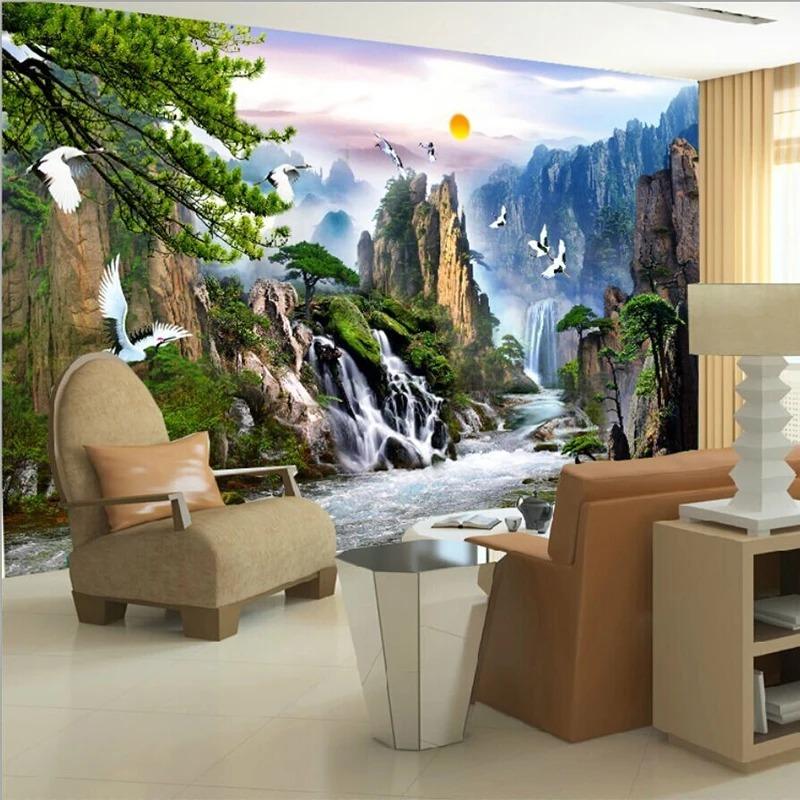Landschaft Wandbild Sonnenaufgang Berge Wasserfälle 3D Fototapete Wohnzimmer Sofa TV Hintergrund Tapeten