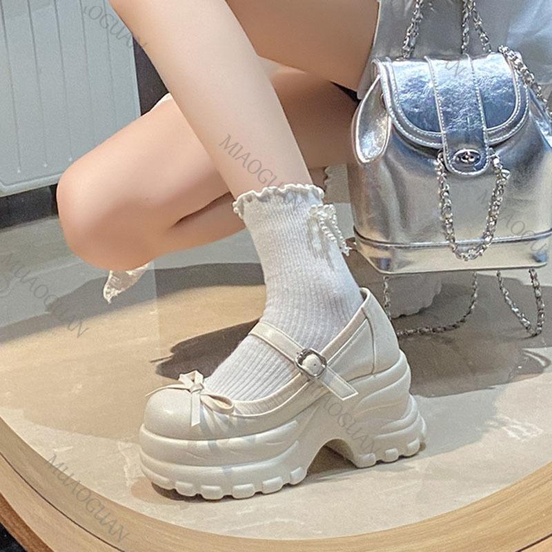 Fashion New Silver Bow Thick Bottom High-heeled Mary Jane Shoes College Style Shallow Mouth Fashion Pumps Autumn Heeled Single Shoes