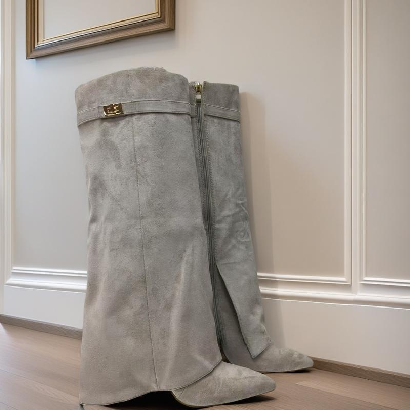 Elegantes Botas de Tacón Alto hasta Media Pantorrilla con Hebillas Metálicas para Banquetes Formales, Botas de Montar con Estilo para Mujer, Botas de Vestir de Tacón Grueso