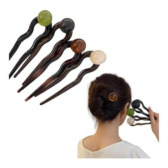 U-Shaped Hairpin with Ornate Ball Accent, Tortoiseshell-Style Hair Comb - Perfect Japanese-Inspired Accent for Updos (Set of 4, 1 of each color)