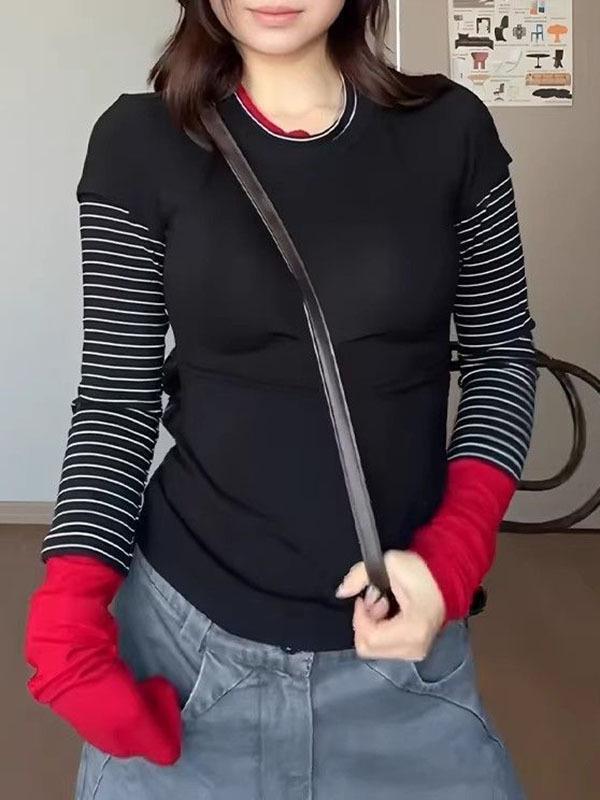 

American Retro Color Block Stripe Slimming Long Sleeve Women s Top Extra Large чорний