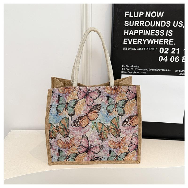 New Women's Hand Linen Bag Butterfly Gold Silk Jacquard Embroidered Shoulder Bag Ethnic Style Large-capacity Tote Bag