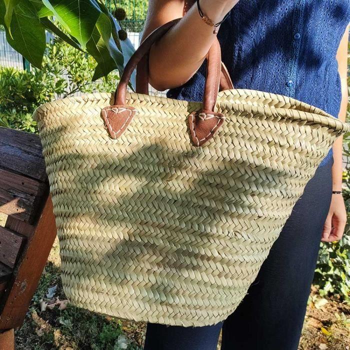 Tote Bag - Natural - Leather Handles - Palm Leaves - White - Woman