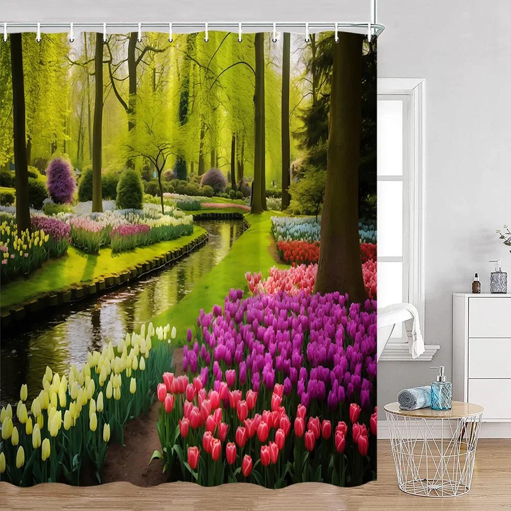 Colorful Flowers Green Plants Shower Curtain Trees Spring Landscape River Tulip Bathroom Curtain Polyester Bathroom Decoration