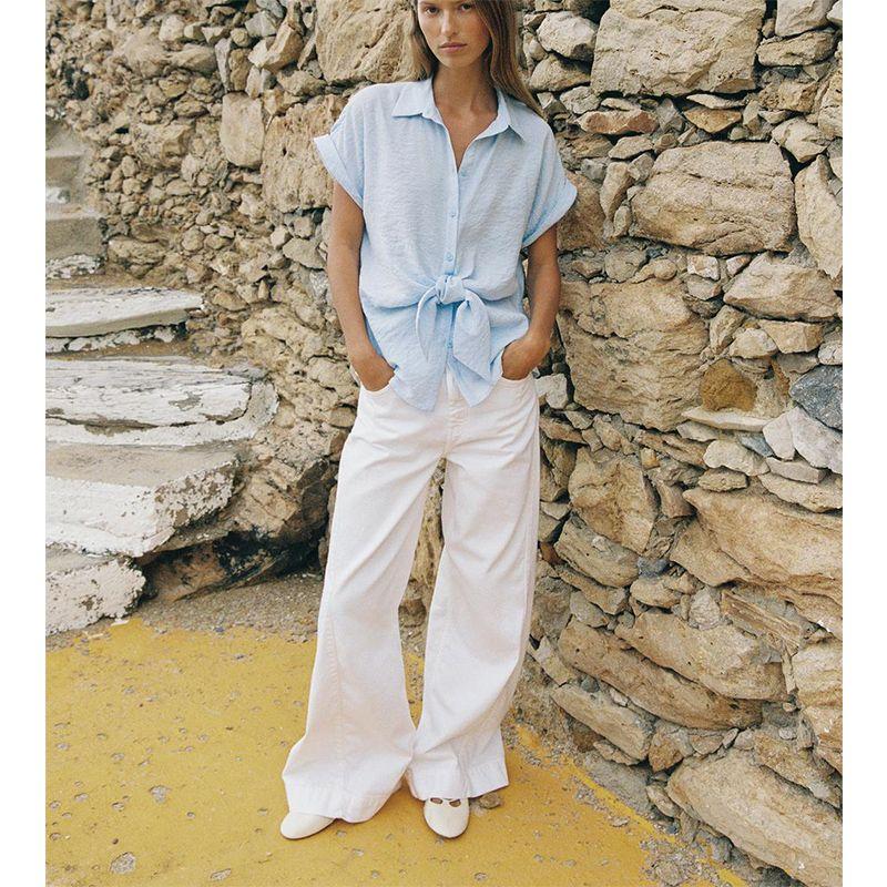 Summer New Women Clothes Single Row Multi-Buckle Comfortable Knot Decoration Short Sleeve Lapel Leisure Shirts Top 2298095