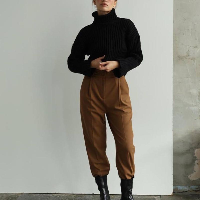 Rollkragenpullover für Damen, einfarbig, gestreift, lässiges Oberteil, verkürzte, ausgestellte Ärmel, Strickpullover