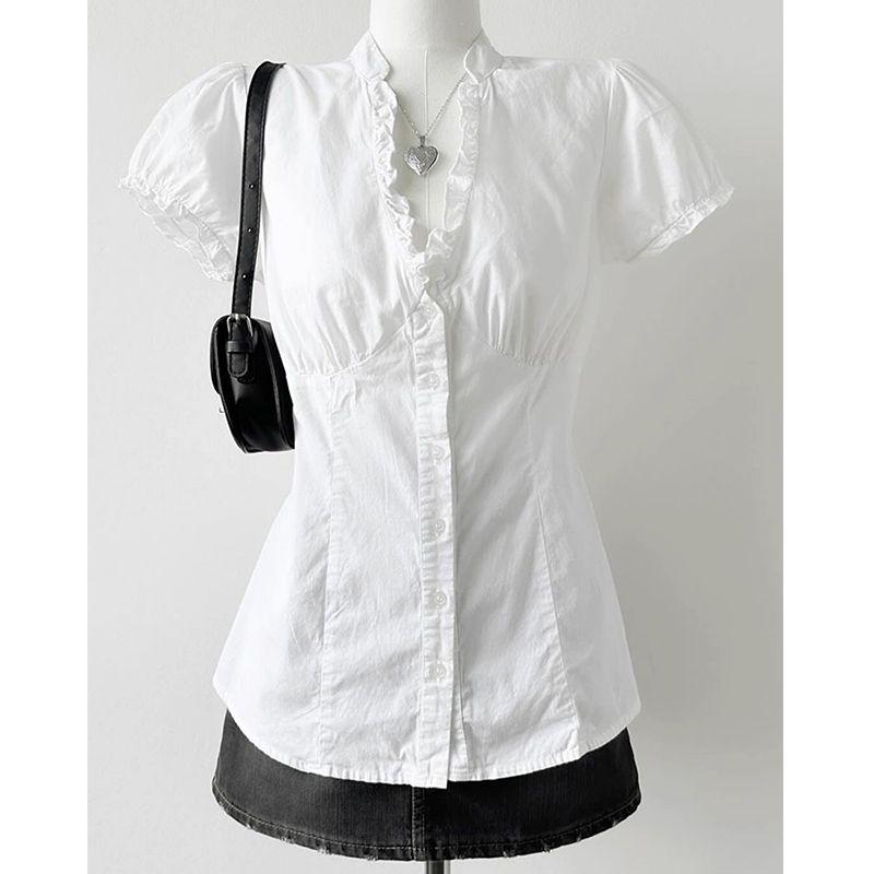 White V-neck Women's Shirts Unique Waist Cinching Design Summer Blouse Fashionable and Casual Versatile Ladies Clothing