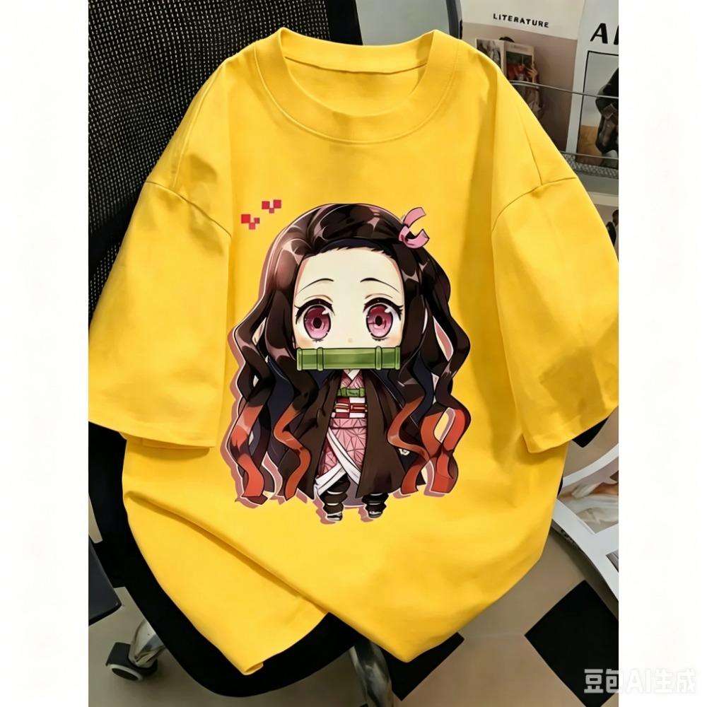 Demon Slayer Nezuko Q Version Cotton T-Shirt, Boys Girls Harajuku Streetwear Anime Short Sleeve Tee, Retro Casual Children Top