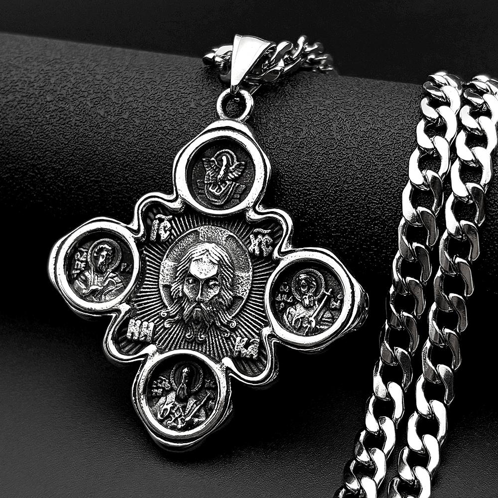 Orthodox Four Saints Pantocrator Jesus Christ IC XC Cross Pendant Necklace Antiqued Stainless Steel Silver Color Faith Jewelry