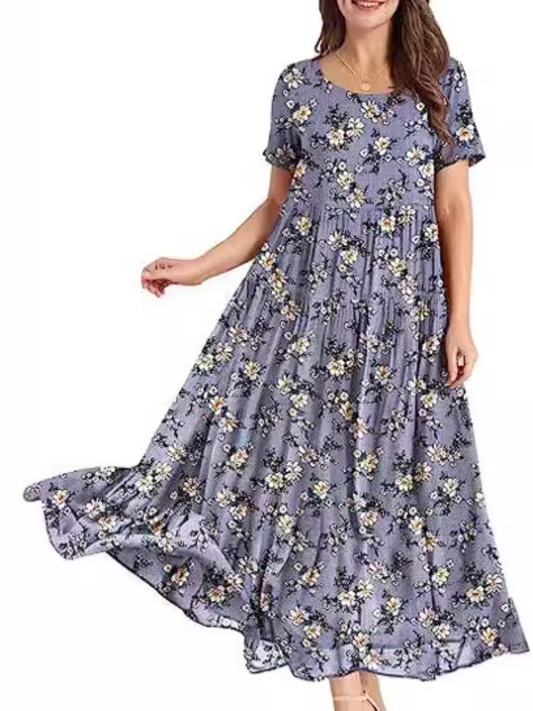 

Floral Print Summer Dress Short Sleeve Round Neck Flowy Swing Dress Casual A-Line Dress for Women XS червоний