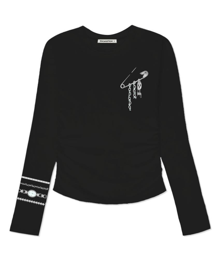 ESCAPEFROM Time Clip Print Slim Fit Shirred Long Sleeve [4 Colors]
