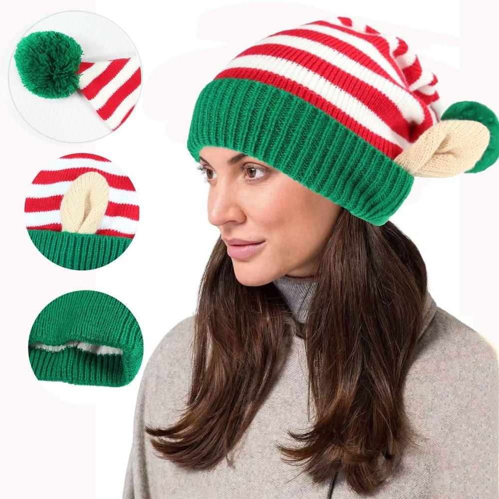 Christmas Holiday Gift Striped Pattern Christmas Hat Jacquard Wool Ball Xmas Cap with Small Ears Holiday Knitted Hat Winter