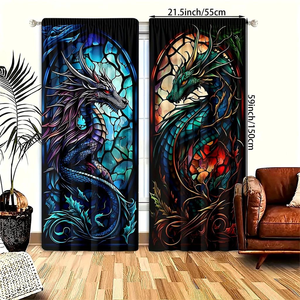 2 PEZZI - Tende stampate digitali ad alta definizione con drago blu e verde   design con passanti per bastone   decorazione per la casa   decorazione della stanza