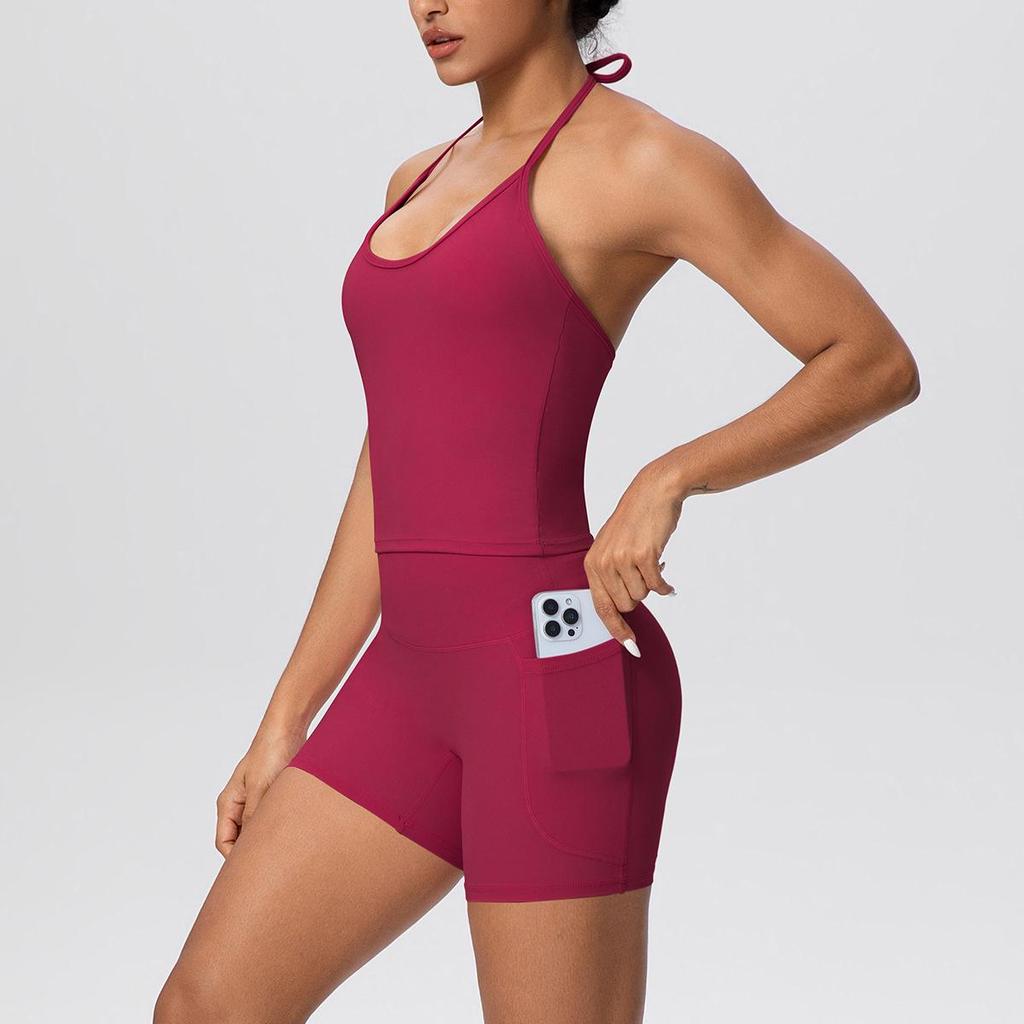 Europäisch-Amerikanisches Wolkengefühl Yoga-Tanktop & Shorts Set: Einfarbig, Seil-Träger, Schöner Rücken, Tasche, Figurbetont für Damen