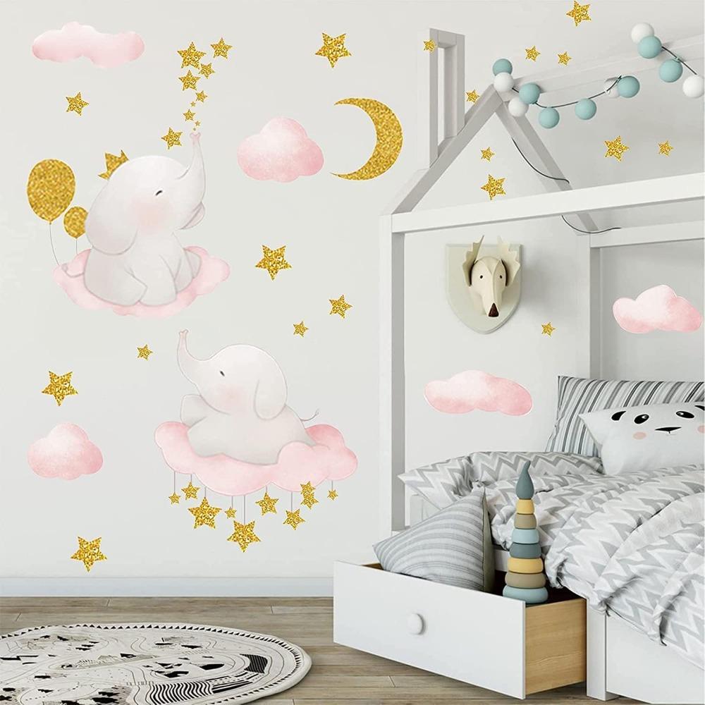 Autocolante de perete Autocolante pentru copii Decorare camera bebelusului Animale Elefant Luna Stele Autocolante de perete Dormitor Decor de perete pentru cresa de bebelusi (Roz)