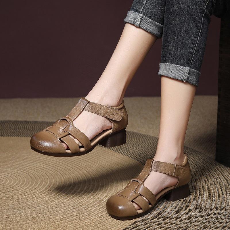 Summer new retro woven sandals first layer cowhide soft leather sandals soft sole bag head thick heel women's shoes