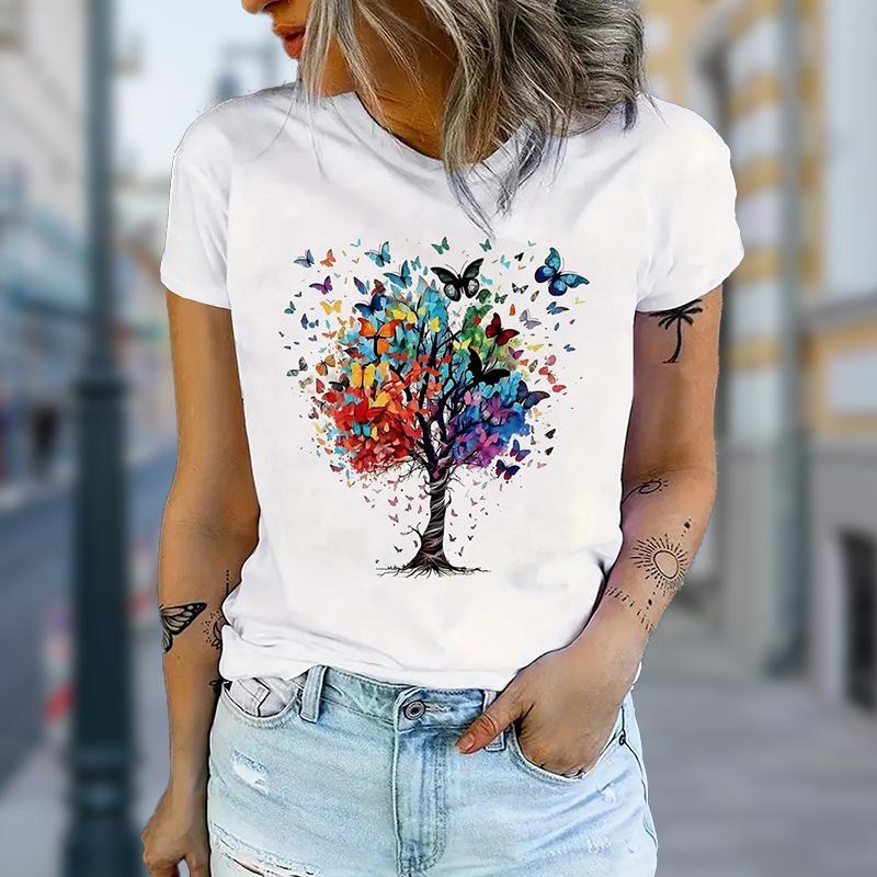 

Женская летняя футболка с принтом «Деревья и бабочки», футболки с коротким рукавом, повседневные топы с принтом 8XL белый