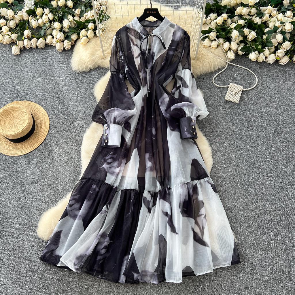 Sexy Long Sleeve Mesh Sweet Print Dress Chic Vintage Evening Party Club  Women Chic Summer Beach Long Dresses