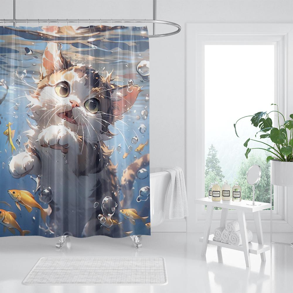 Funny Cat Shower Curtain, Dinosaur Cat Dog Animal Shark Funny Ocean Coral Goldfish Bathtub Bubbles Kids Cartoon Bathroom Decor