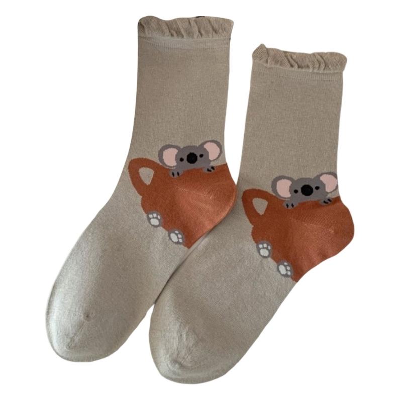 Fashionable Middle Calf Socks with Cartoon Animal Designs in Soft Cotton Bubble Cuffs Crew Socks Hosiery for Women Teens