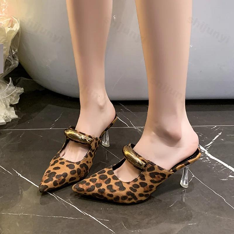 Leopard Women High Heels Slippers Summer New 2026 Pointed Toe Heeled Shoes Mules Sexy Sandals Trend Party Pumps Woman Zapatos