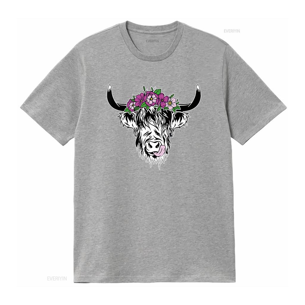 Damen Schottische Hochlandkuh Rinder Haarige Blumen Damen T-Shirt Schwarz Vintage Gewaschen Designer-Kleidung Dehnbar Mode