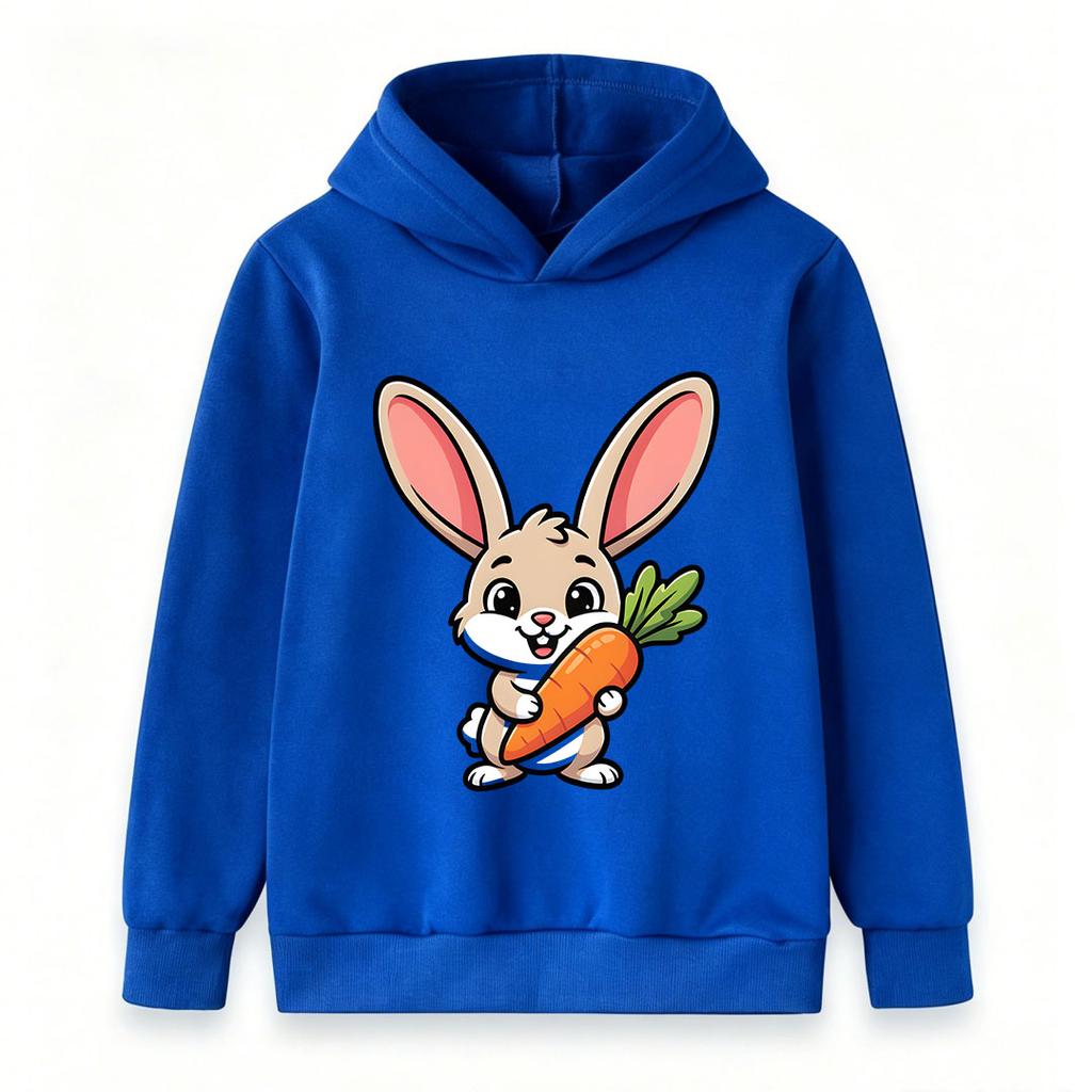 Cute Cartoon Bunny With Carrot Print Kids Hoodie, Casual Long Sleeve Pullover Sweatshirt For Boys Girls, Soft Warm Lightweight Daily Wear