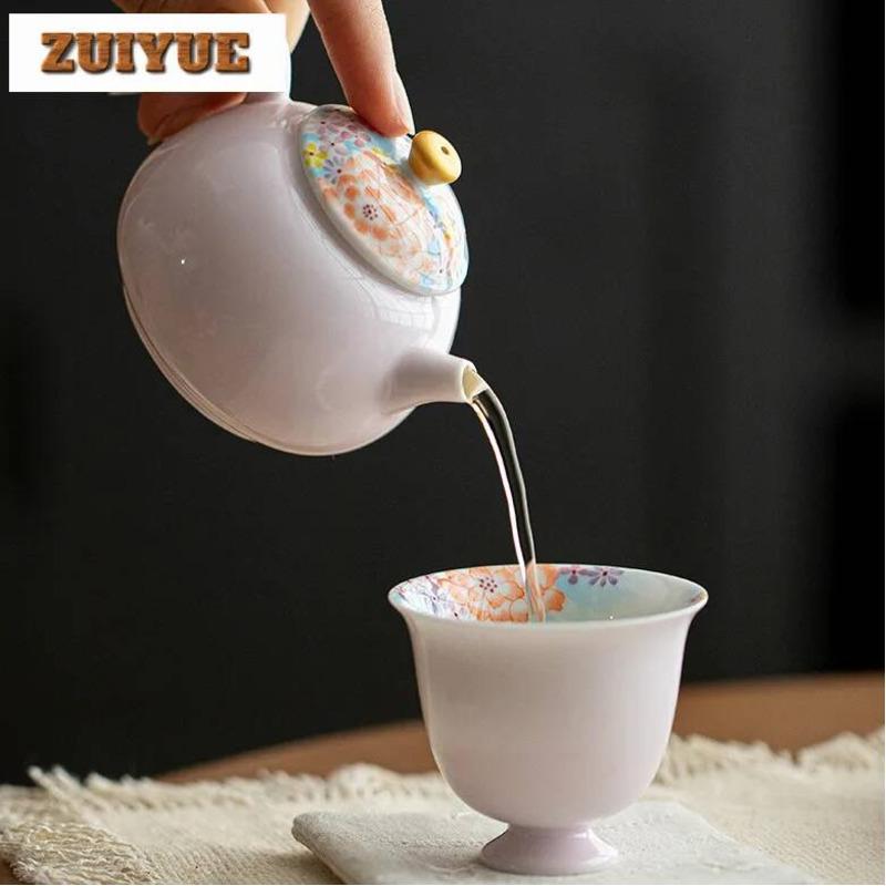 100ml Hand-painted Flower Pink Beige Teapot Retro Tea Infuser Pot Tea Soaking Kettle With Filter Tieguanyin Teaware Ornaments