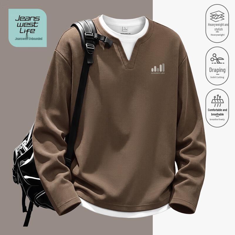 JEANSWEST LIFE Men's Waffle Knit Faux-Layered Long Sleeve T-Shirt