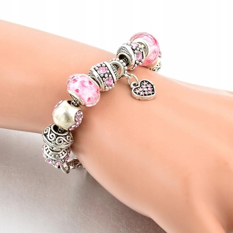 Bracciale Modulare Argento Perline Rosa Ciondoli Regolabile 19 - 22 cm
