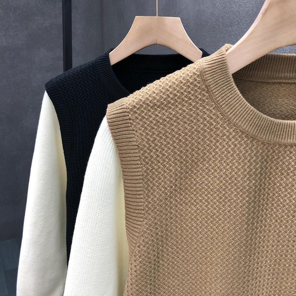 Autumn/Winter 2025 Men's Color Block Patchwork Two-Piece Look Knit Pullover Sweater