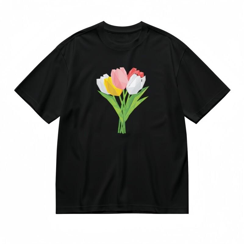 Women's Trend Breathable Classic T-Shirt Tri-Color Tulip Botanical Design Tee