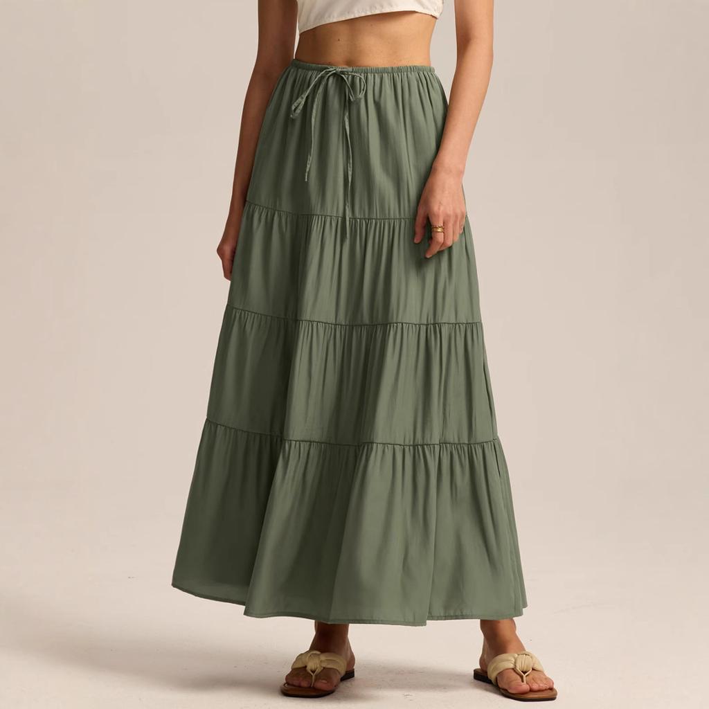 Women's Casual Maxi Skirts Summer Boho Solid Beach Elastic High Waist Pleated A-Line Flowy Swing Long Maxi Skirts Elastic Waist Long Skirt for Women