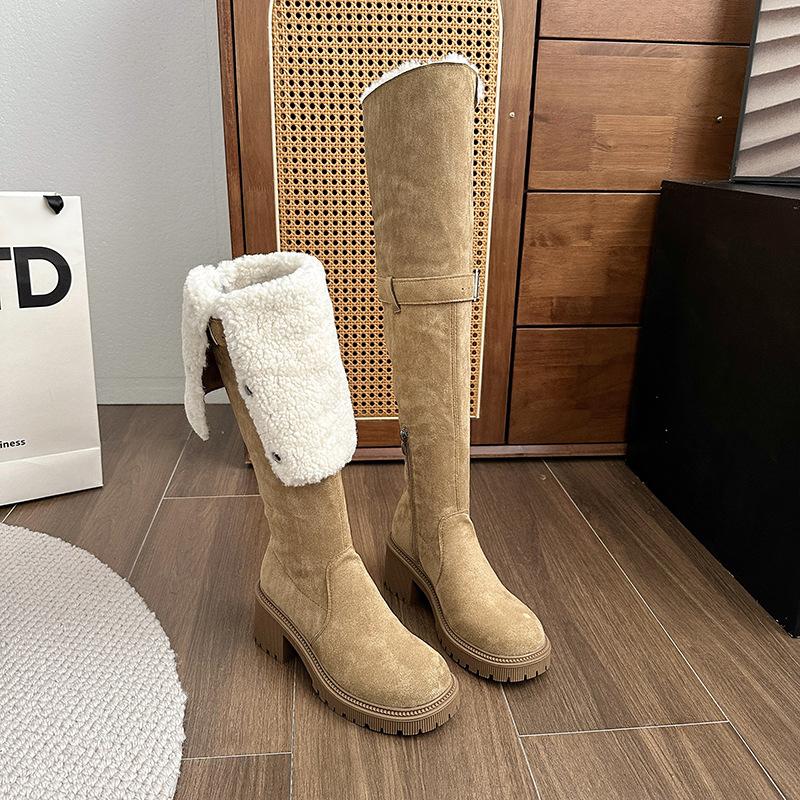 Winter velvet thin elastic boots women's 2024 new retro thick heel thick bottom side zipper fashion boots knight boots tide