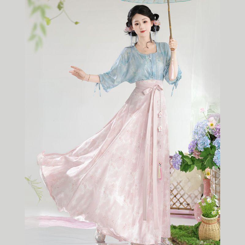 Chinese Tang Dynasty Style Hanfu Printed Tang Robe Top Waist Skirt Modified Daily Suit For Women
