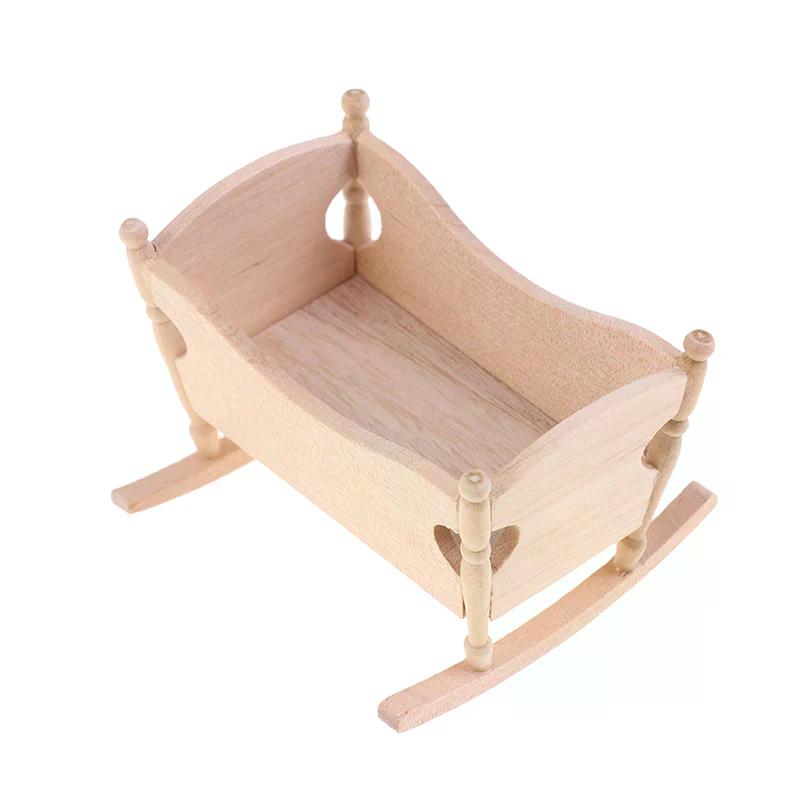 1:12 Dollhouse Miniature Wooden Baby Cardle Bed Pretend Play Furniture Decoration For Kids