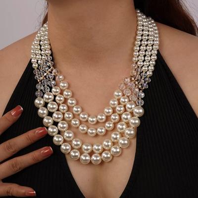 New Fashion Multi-layer Handmade Imitation Pearl Crystal Beaded Necklace And Earring Zircon Set For Women Party Accessories