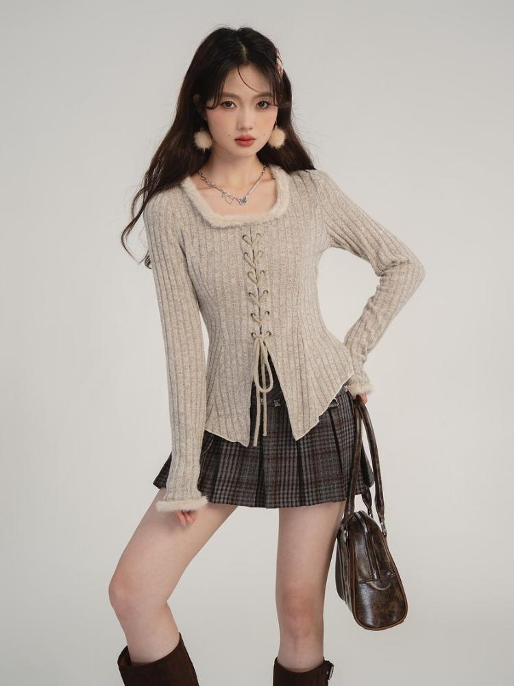 Bandáž Stahovací šňůrka Pletený Cardigan Ženy Podzim Zima Vintage Split Cardigans Korejská móda Y2k Svetry Spodní část Košile Top