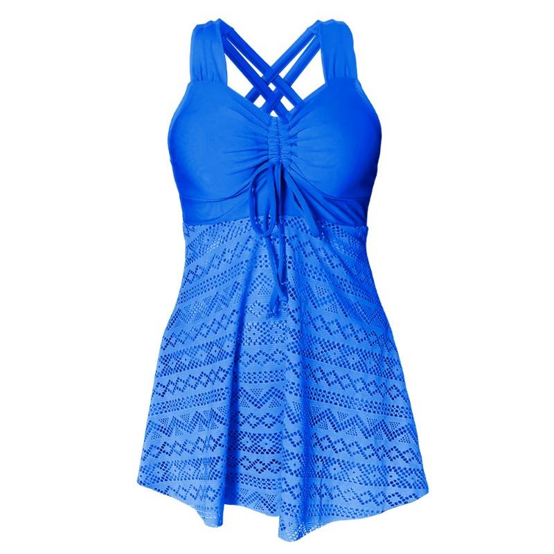 Women's Pink Lace Overlay Crisscross Back Drawstring Tankini Swimsuit