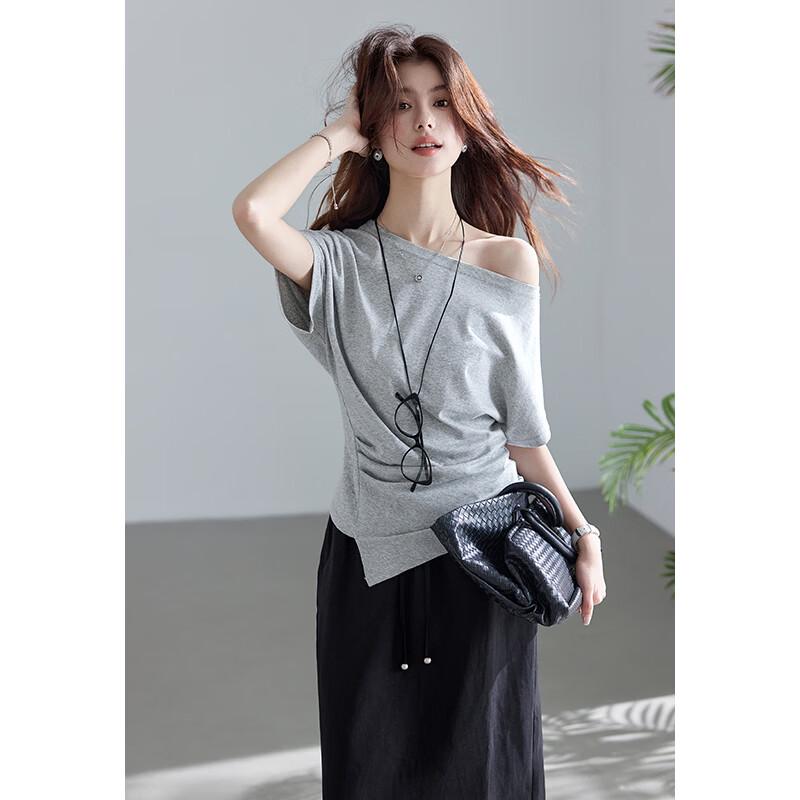 

VICTORIA&VERA One-Shoulder Pleated Short Sleeve T-Shirt XL