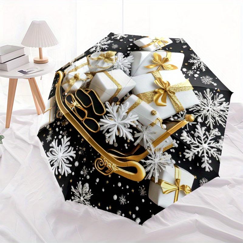 Traîneau Doré avec Cadeaux Emballés et Flocons de NeigeParapluie, Parapluie Compact Pliable 3 fois, Cadeau de Noël ES620