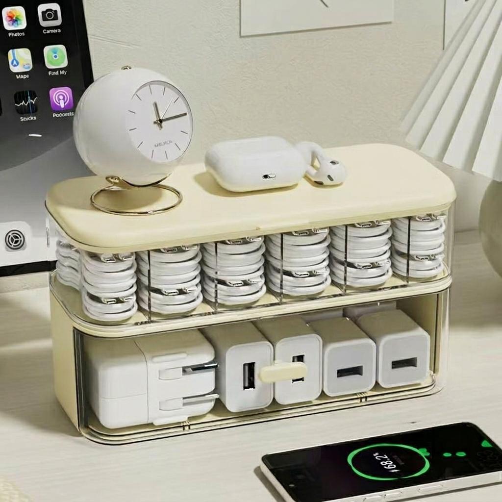 

Double Layer Transparent Cable Organizer Box PP Material Dustproof Data Cable Storage Container for Desktop Office Home Dorm жовтий