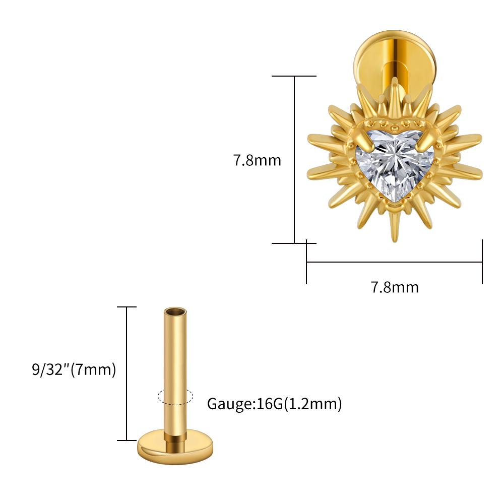 Stud Labret Flat Back Coração Quebrado ASTM F136 Titânio Right Grand 16G Argola de Cartilagem Coração CZ Piercing Helix Tragus Joia