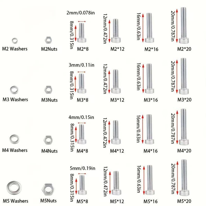 Kit da 240 Pezzi di Dadi e Bulloni Esagonali - M2 M3 M4 M5 - Include Rondelle Piane